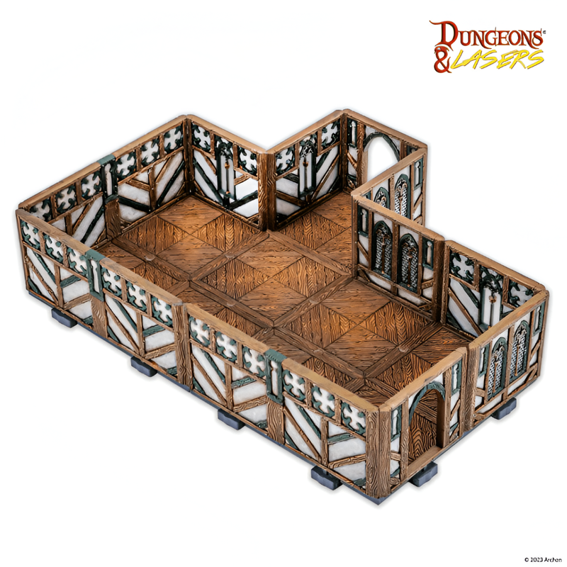 Modular miniature terrain for tabletop games: half-timbered walls with green trim, wood floor, arched doors, and windows