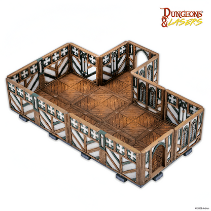 Modular miniature terrain for tabletop games: half-timbered walls with green trim, wood floor, arched doors, and windows