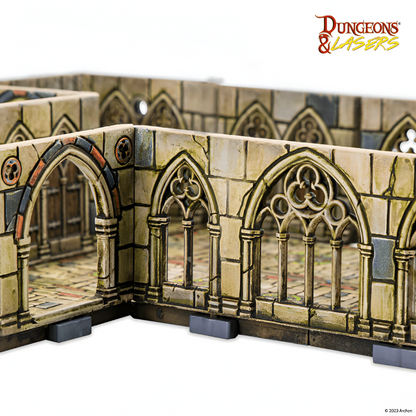 Dungeons & Lasers gothic modular dungeon terrain with arched doorways and ornate windows, ready for tabletop play