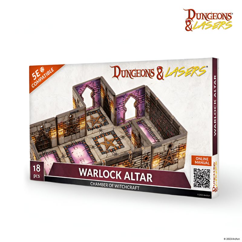 Dungeons & Lasers 'Warlock Altar' box shows a 5E compatible miniature dungeon terrain, featuring purple walls and pentagram floors