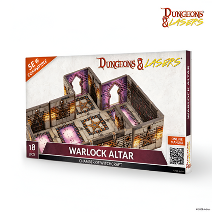 Dungeons & Lasers 'Warlock Altar' box shows a 5E compatible miniature dungeon terrain, featuring purple walls and pentagram floors