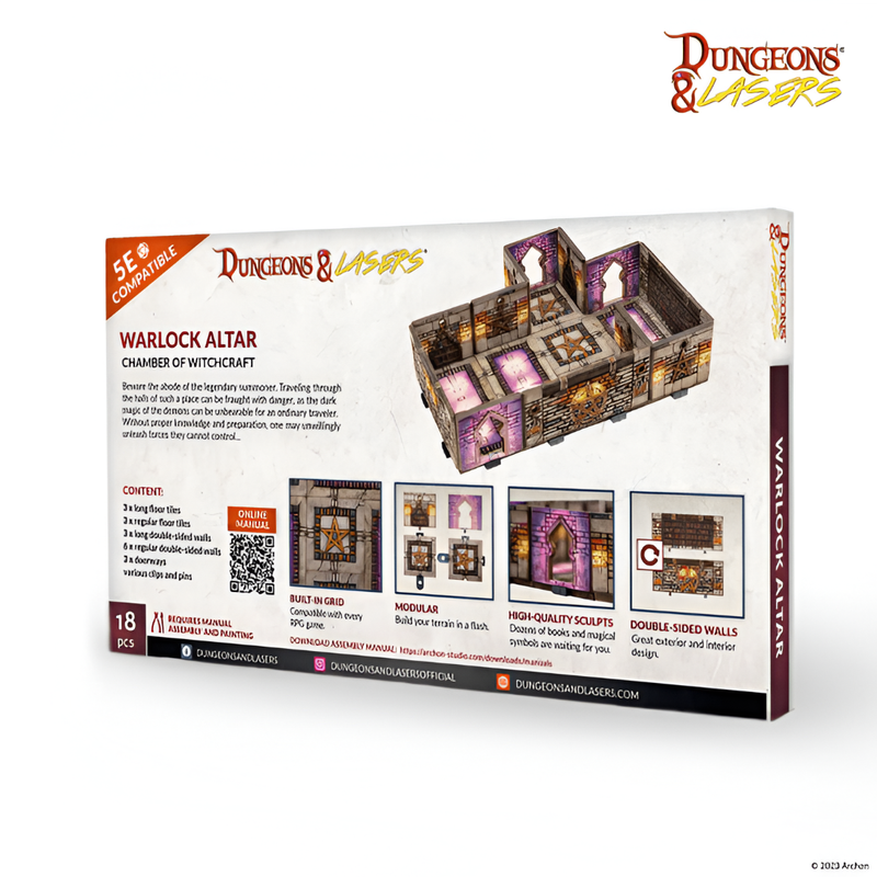 Dungeons & Lasers Warlock Altar product box, displaying an assembled dark fantasy chamber terrain set with purple accents