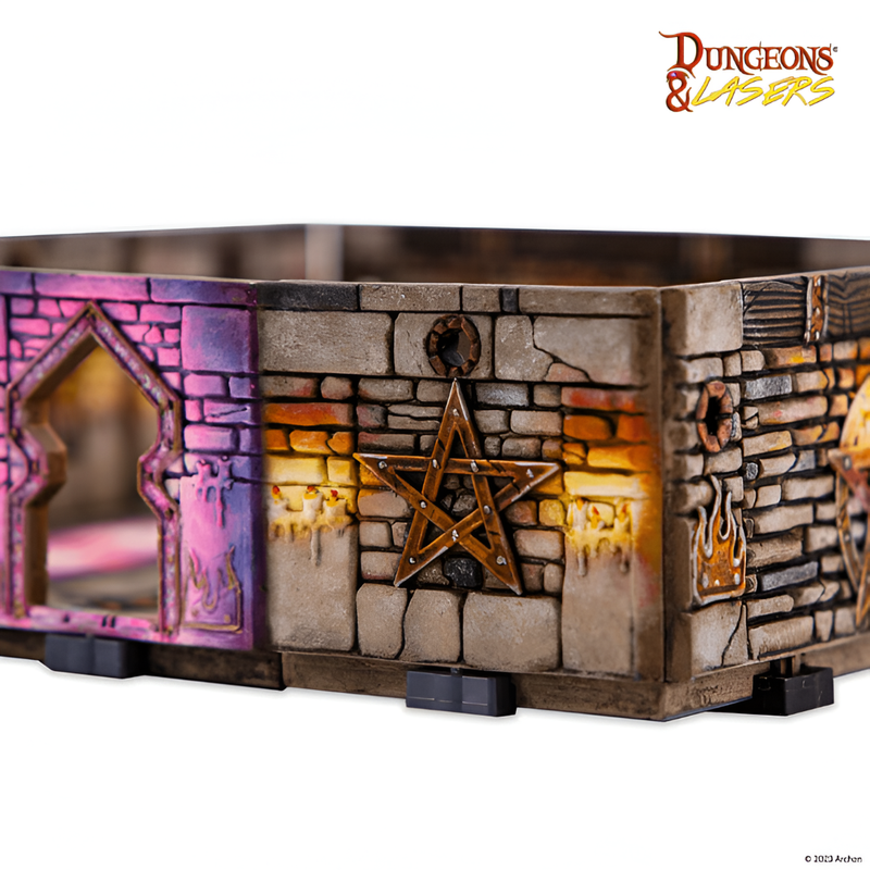 Dungeons & Lasers dungeon terrain: a pink arched wall meets a stone wall, featuring a pentagram and candlelight