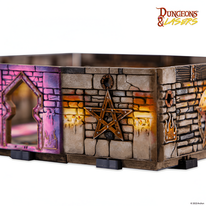 Dungeons & Lasers dungeon terrain: a pink arched wall meets a stone wall, featuring a pentagram and candlelight