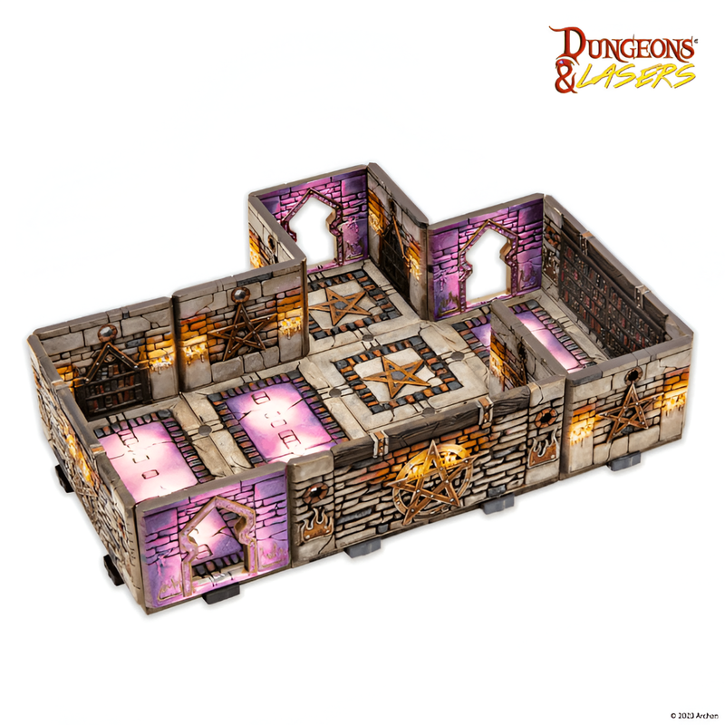 A modular Dungeons & Lasers dungeon set for tabletop games, featuring glowing floors, stone walls, and pentagrams