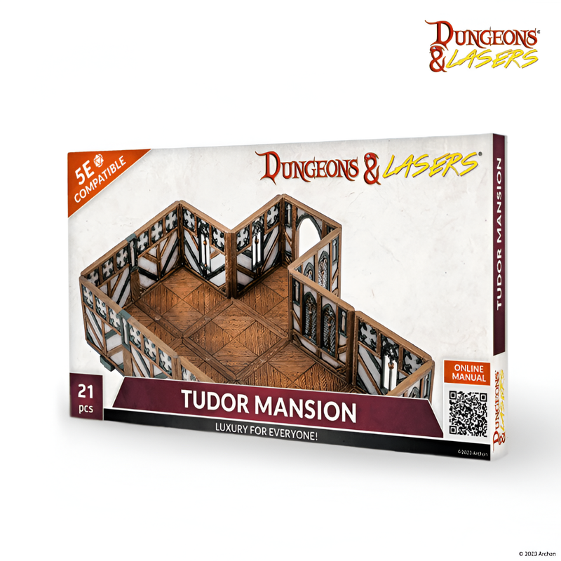 Dungeons & Lasers Tudor Mansion box shows modular, Tudor-style miniature terrain pieces with walls and floors