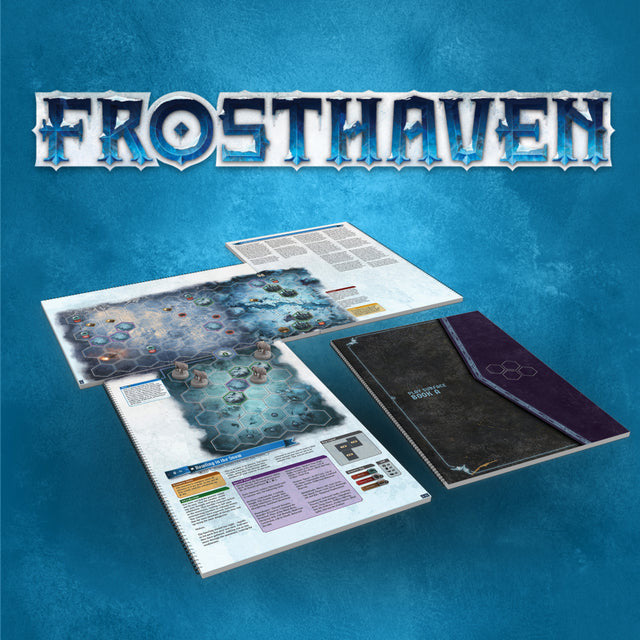 Front view of the Frosthaven Play Surface Books packaging showing the cover design with scenario artwork and product branding