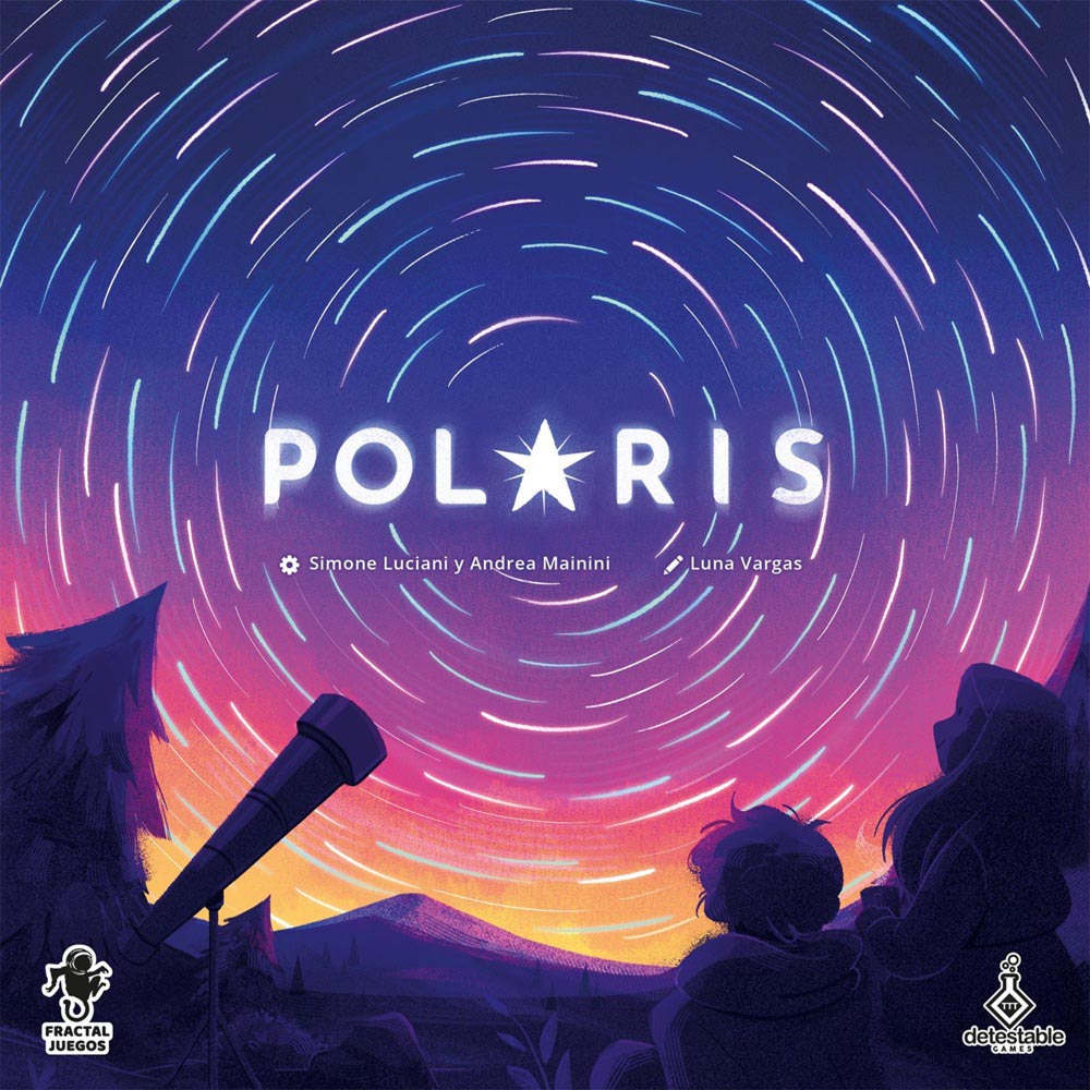 Polaris board game box art featuring POLARIS title against a vibrant star trail sky with a telescope and two figures looking up at the stars