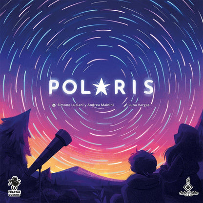 Polaris board game box art featuring POLARIS title against a vibrant star trail sky with a telescope and two figures looking up at the stars