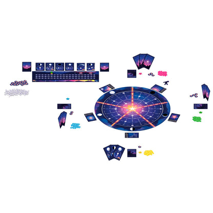 Polaris The Board Game setup with circular star map game cards featuring celestial art and various player tokens in blue pink green and yellow