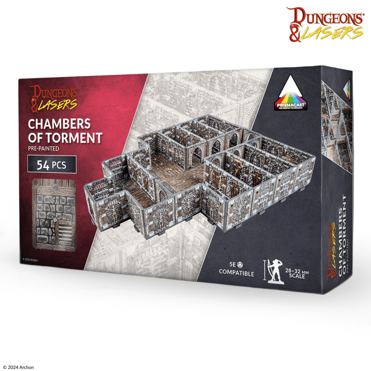 Dungeons Lasers Chambers of Torment pre-painted terrain set 54 pieces for 5E compatible 28-32mm scale dungeon building featuring modular walls arched doorways and a stone-textured floor