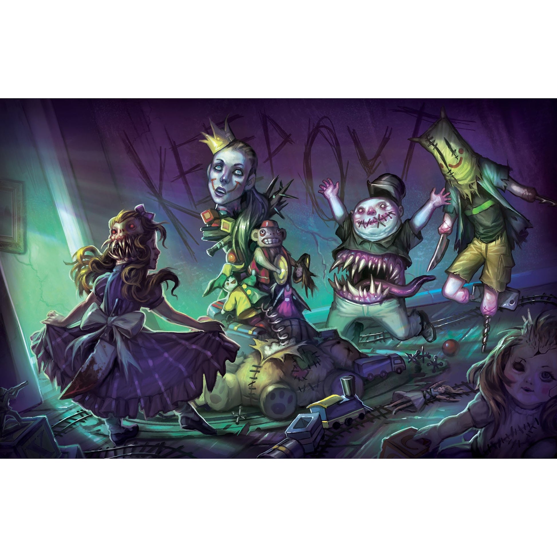 A fanged Alice with a bloody knife stands with grotesque toy monsters