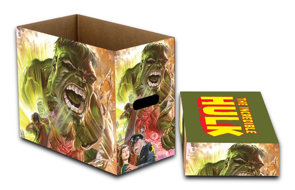 Open comic long boxes for 'The Incredible Hulk'. One open box displays a roaring Hulk; the other is a lid with the title