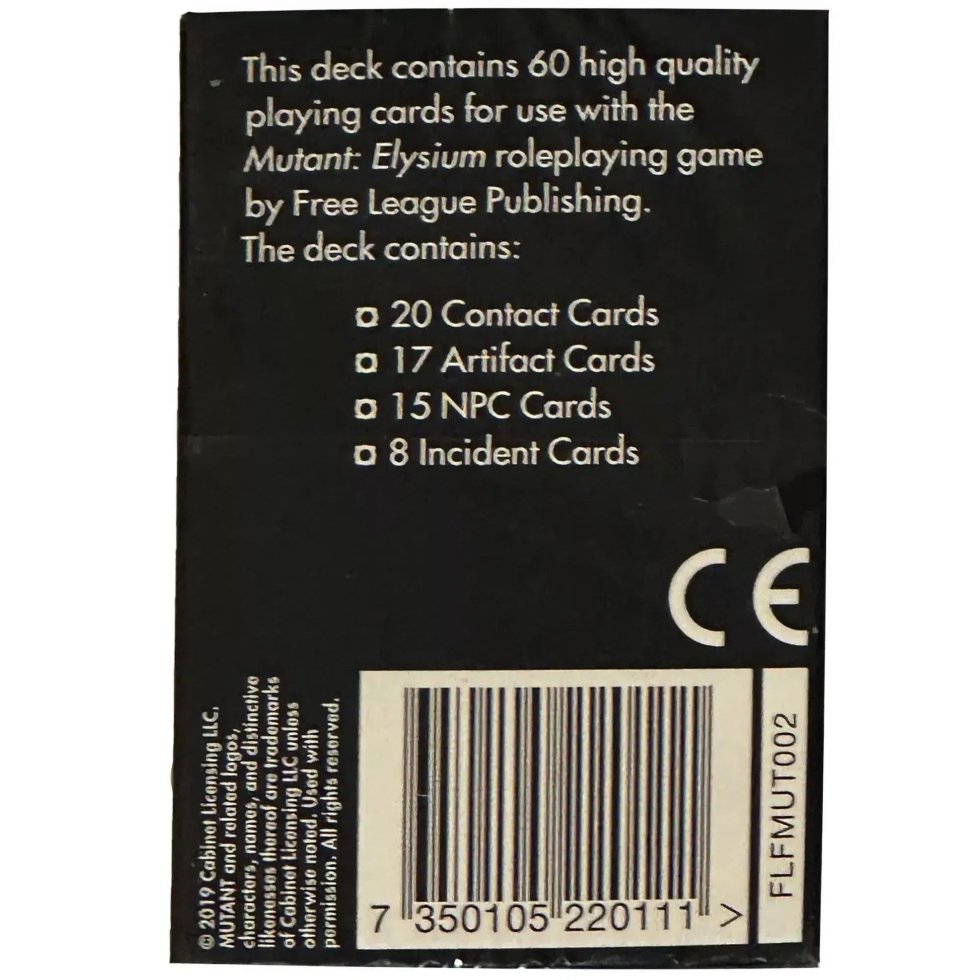 Mutant Year Zero RPG Elysium Deck packaging showing a list of 60 cards for the roleplaying game, a barcode, and copyright details