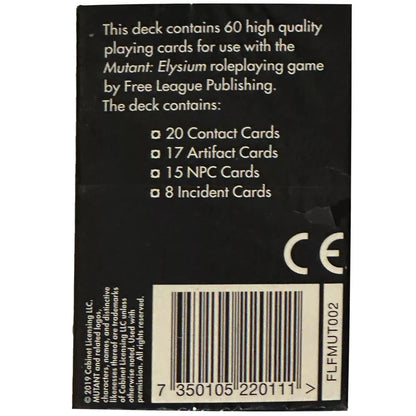 Mutant Year Zero RPG Elysium Deck packaging showing a list of 60 cards for the roleplaying game, a barcode, and copyright details