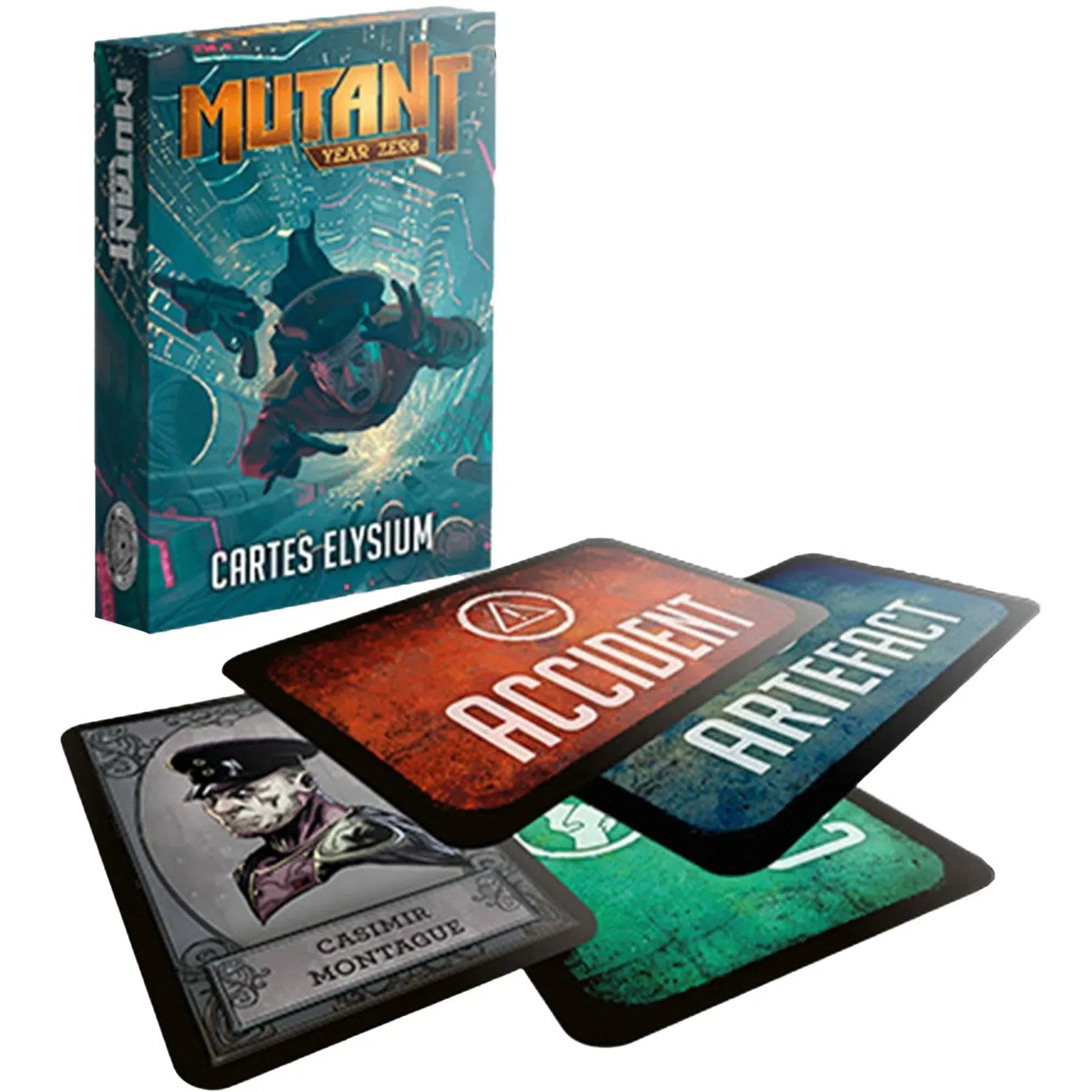 The Mutant Year Zero RPG Elysium Deck box stands behind three fanned-out game cards labeled Casimir Montague, Accident, and Artefact