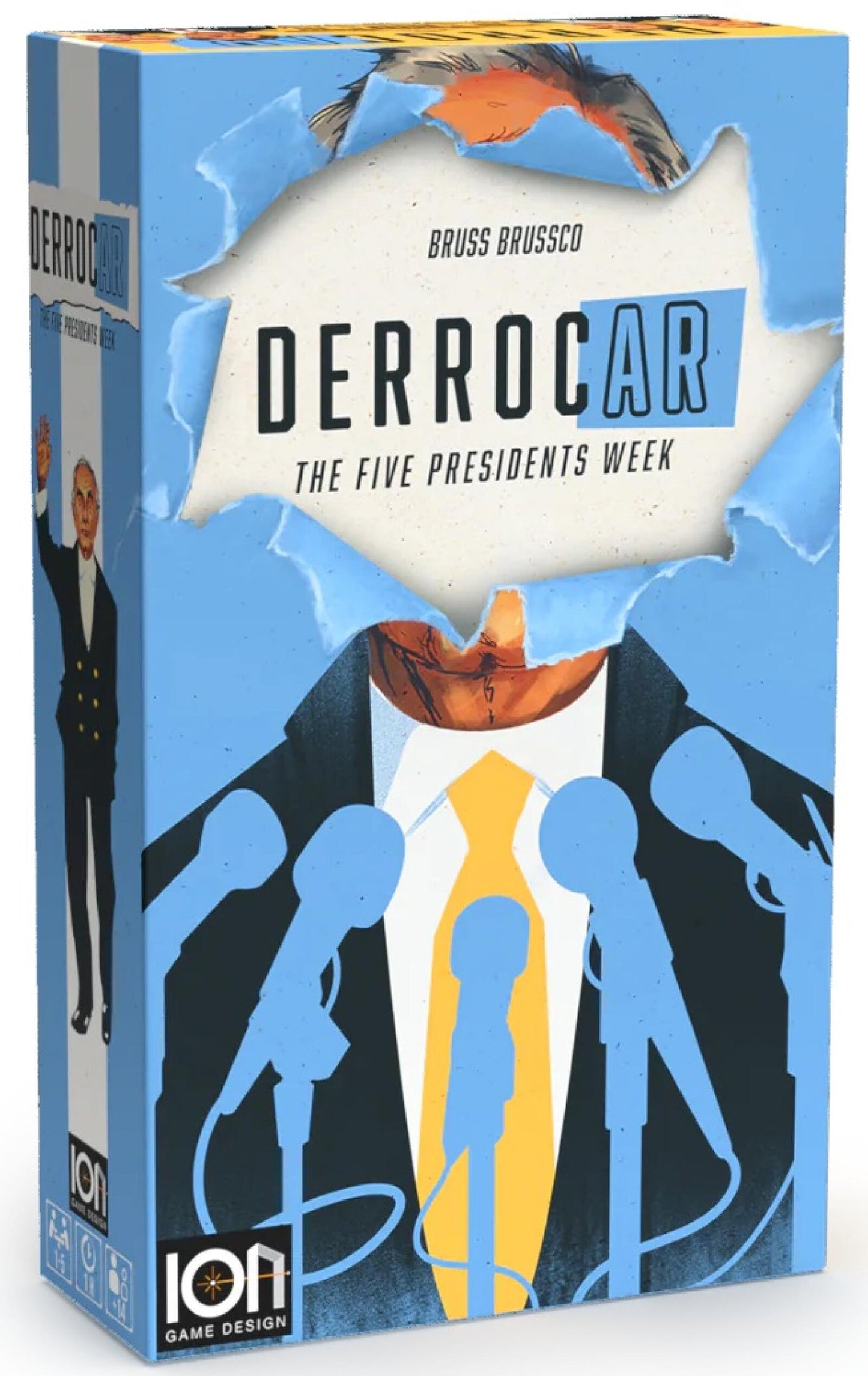 Illustration of a man in a suit and tie surrounded by microphones with a bird overhead