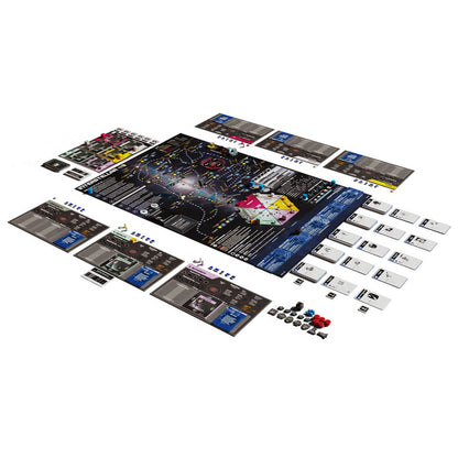 Interstellar game components including board, cards, and tokens