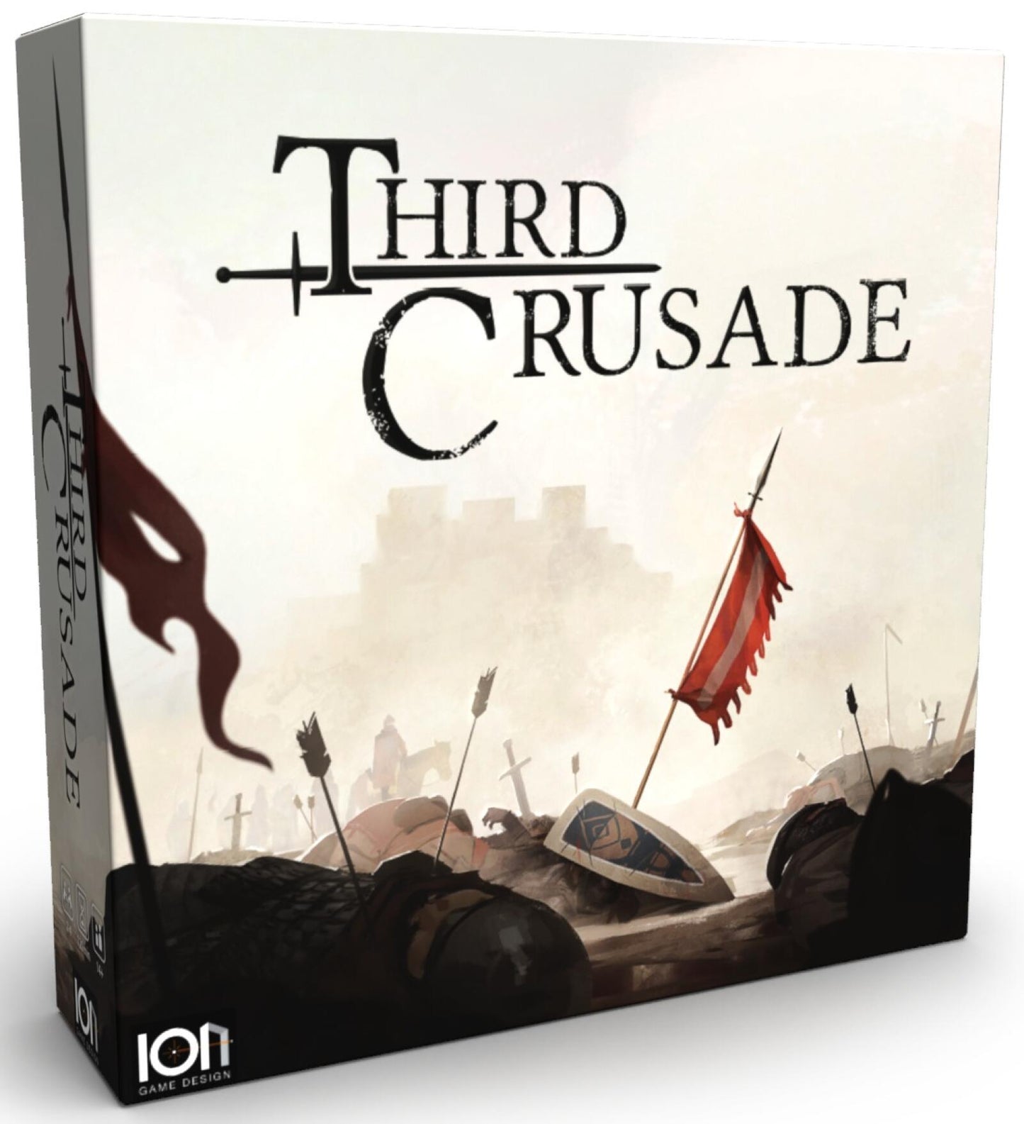 Board game box for 'Third Crusade', featuring a medieval battle scene with fallen soldiers, weapons, and a distant castle.