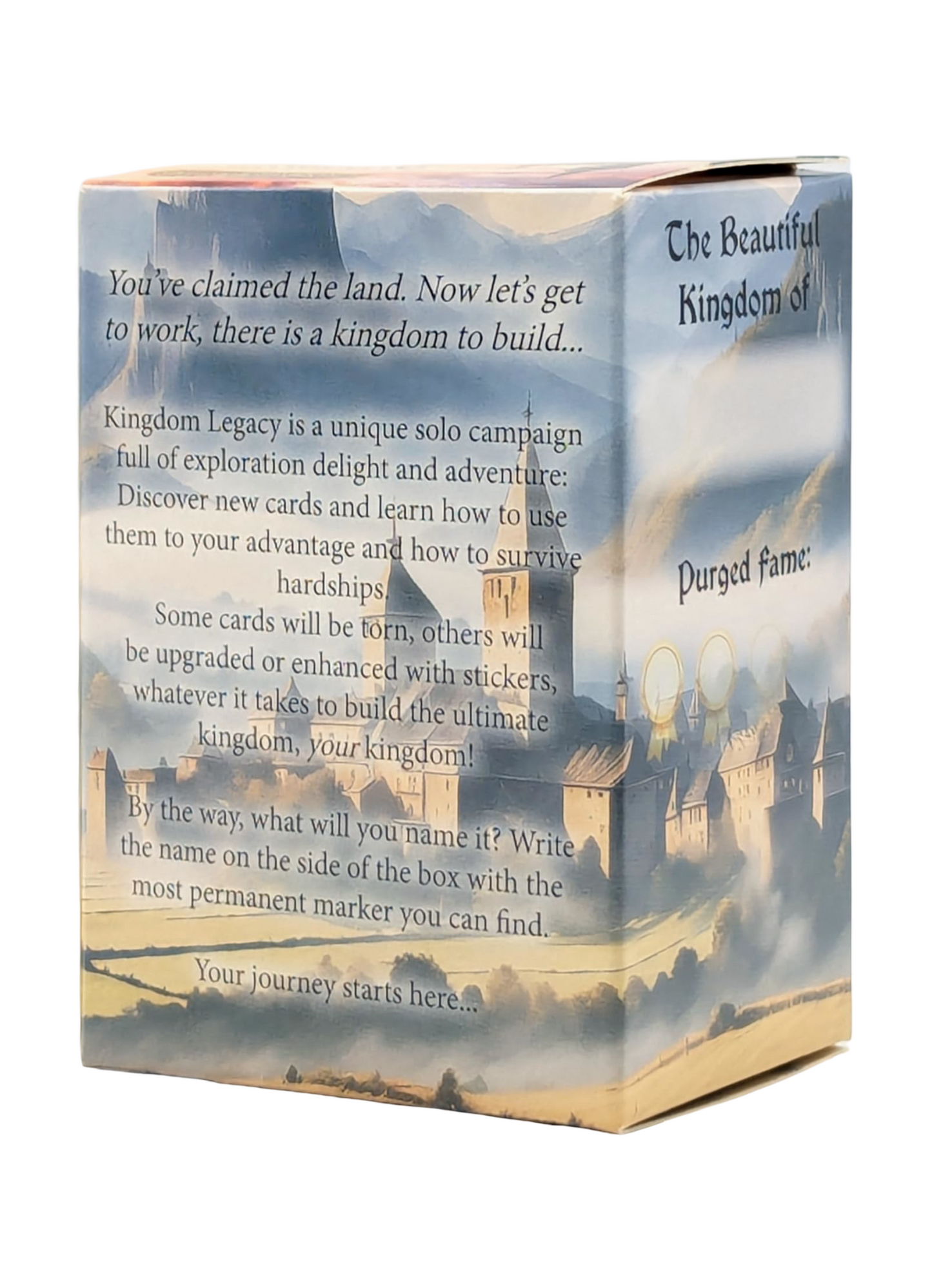 A Kingdom Legacy game box featuring an illustration of a misty medieval kingdom and text detailing its solo campaign