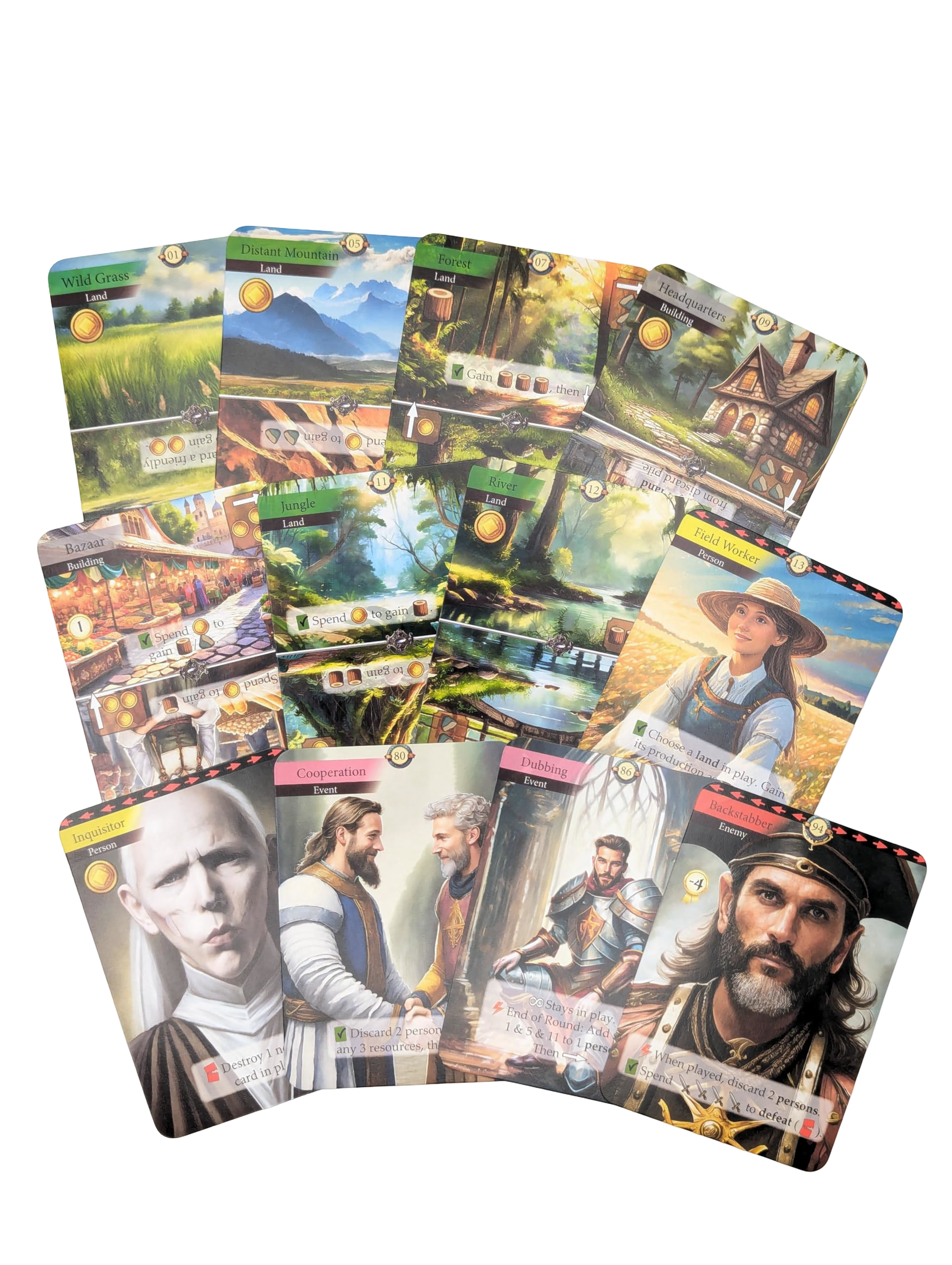 A fan of Kingdom Legacy game cards, featuring illustrations of diverse landscapes like mountains and forests, buildings, and various characters like a field worker and a knight