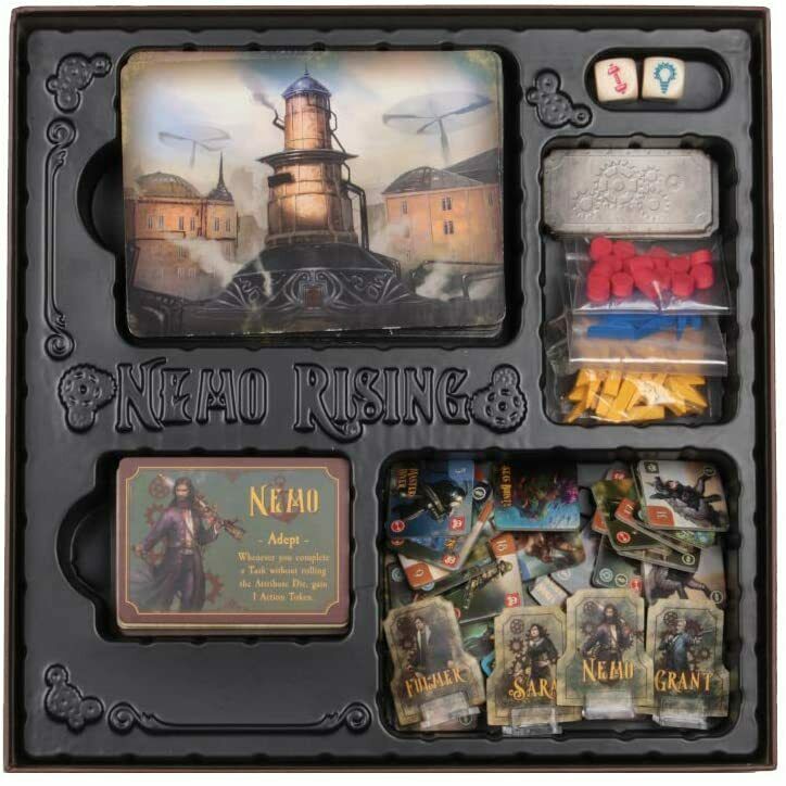 Nemo Rising: Robur the Conqueror  board game set in its insert, with steampunk board art, character cards, dice, and colorful tokens