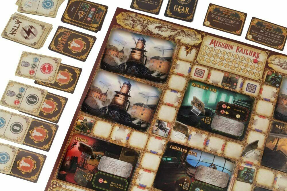 Overhead view of a detailed steampunk board game, displaying the main board with illustrated buildings, cards, and a 'Mission Failure' track