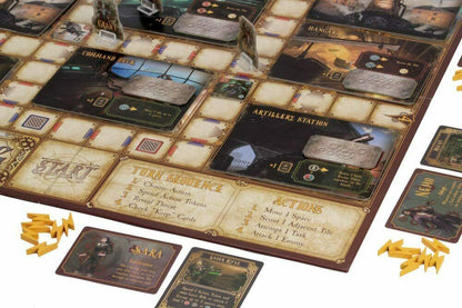 A detailed steampunk board game setup, featuring character cards like "Sara," yellow lightning bolt tokens, and various board sections