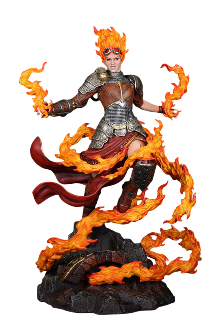 A Gatherers Tavern 1_4 Scale Chandra Nalaar Statue depicting a fierce female figure with fiery hair and goggles, armored in brown and silver, surrounded by swirling flames on a dark rocky base
