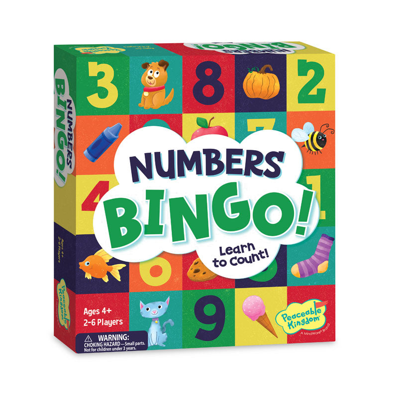 Peaceable Kingdom Numbers Bingo! learning game box with cartoon numbers and illustrations