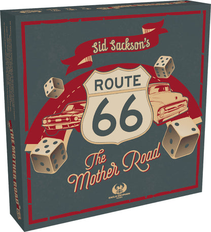 Sid Sackson's Route 66 The Mother Road board game box featuring classic cars and dice