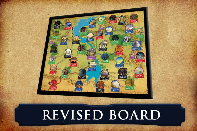 Overhead view of a detailed fantasy world map board game with various named locations connected by lines