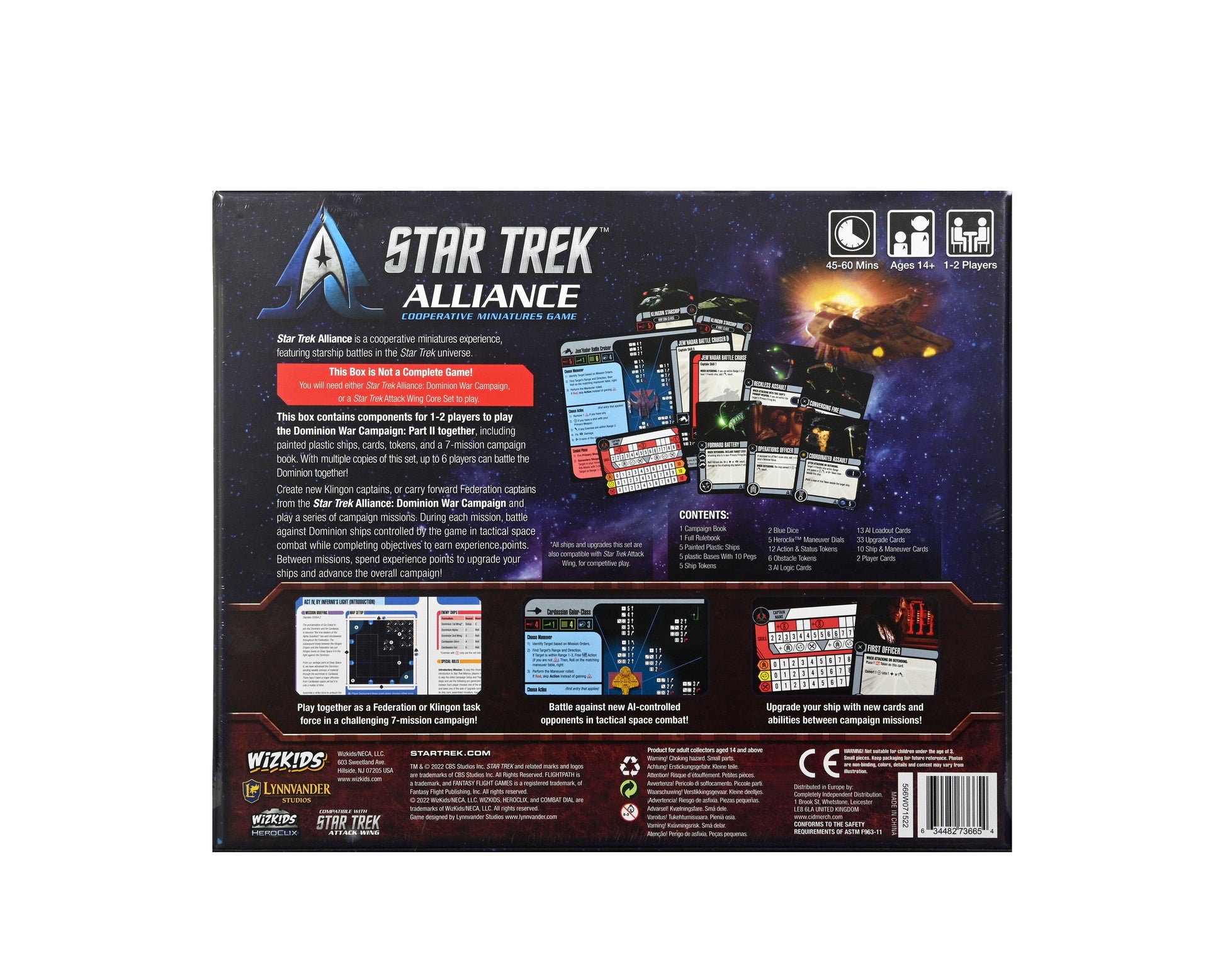 The back of the Star Trek Alliance Dominion War Campaign Part II game box shows game details, components, and starships in a space setting