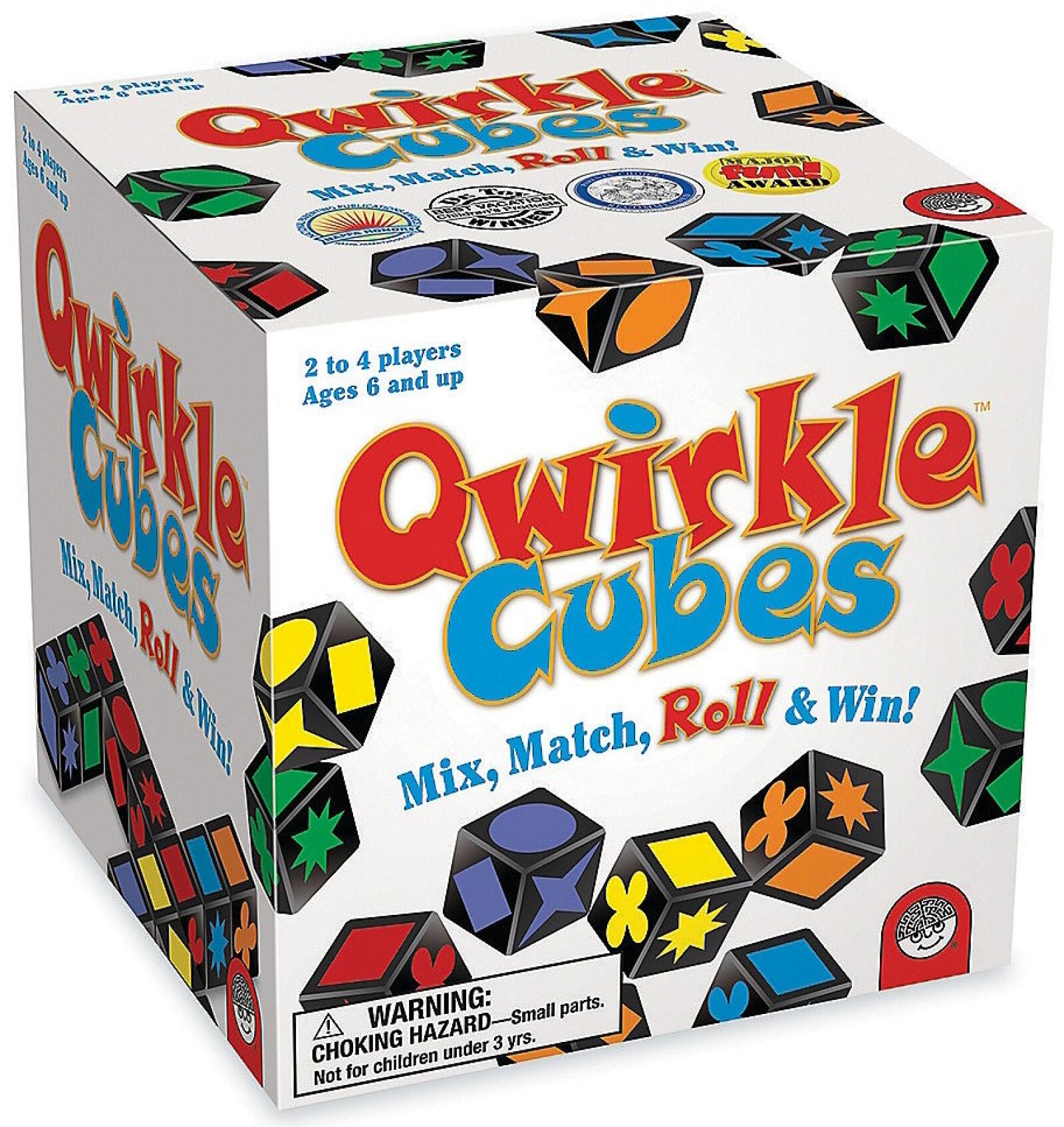 MindWare Qwirkle Cubes board game box with colorful shapes on a white background