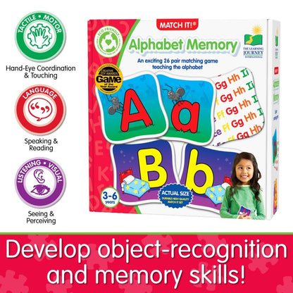 Educational MATCH IT! Alphabet Memory matching game box, features colourful A/a and B/b letter cards, promoting object recognition and memory skills for ages 3-6