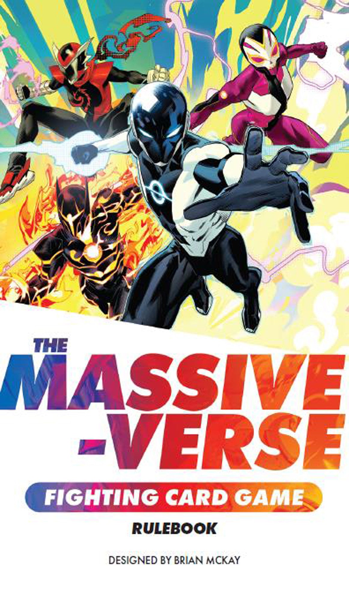 Massive-Verse Fighting Card Game Rulebook cover: Dynamic artwork of four masked fighters, with a lead character lunging forward.