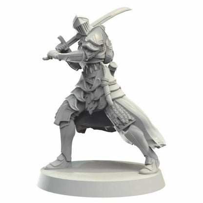 Miniature grey knight figure in full armor holding a sword ready to strike