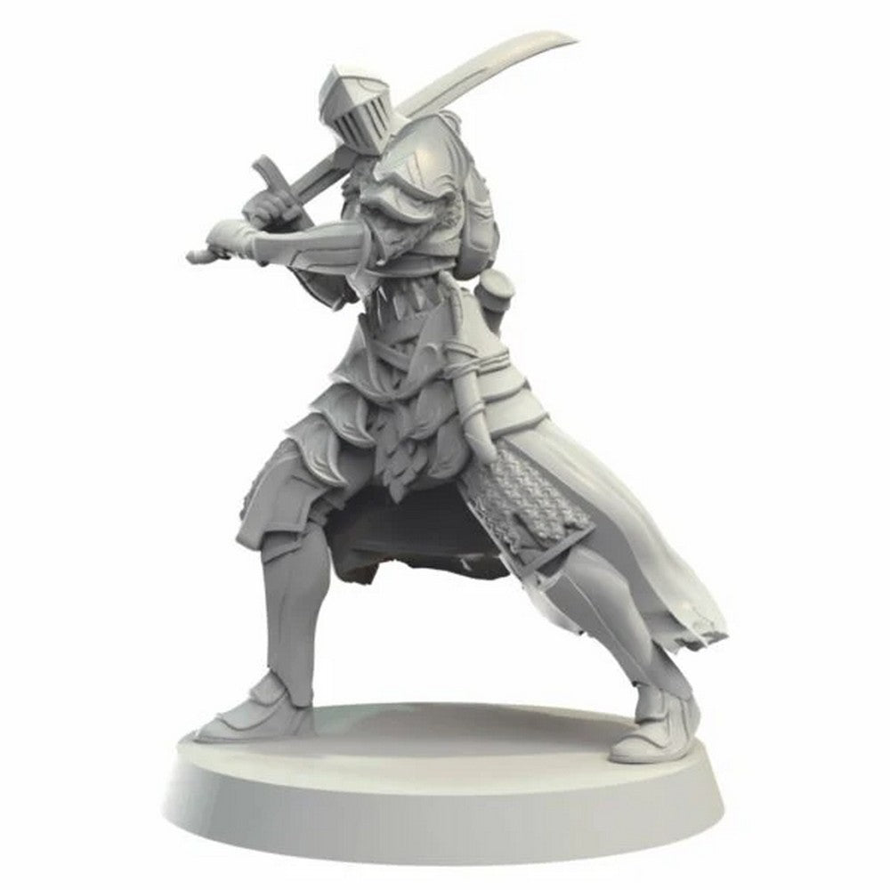 Miniature grey knight figure in full armor holding a sword ready to strike