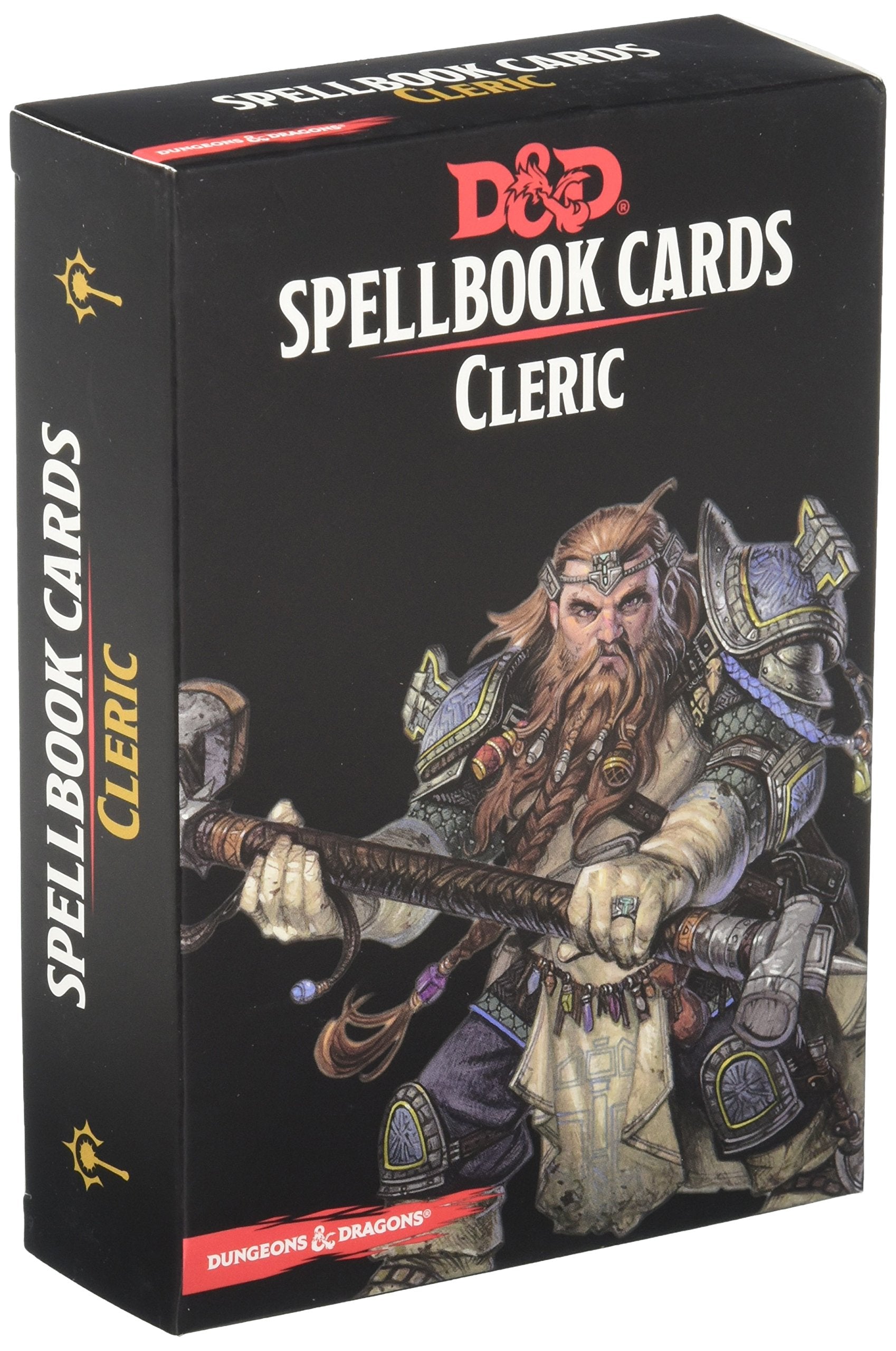 A black Spellbook Cards Cleric Deck box depicts a fierce, armored dwarf cleric with long braids and a beard, wielding a warhammer