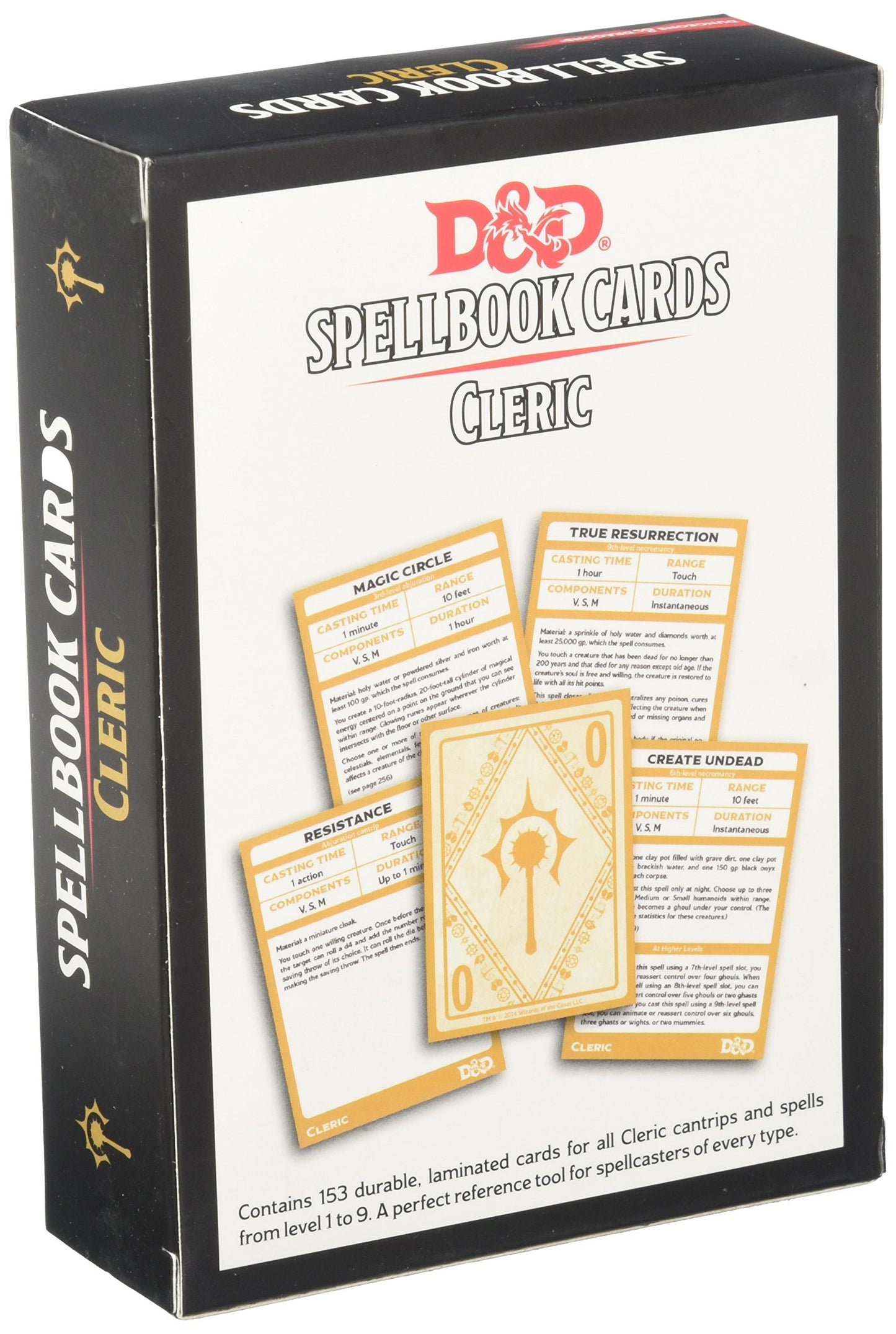 A Dungeons & Dragons Spellbook Cards Cleric Deck box, black and white, with multiple gold spell cards fanned out on its surface displaying text and a mace-like symbol