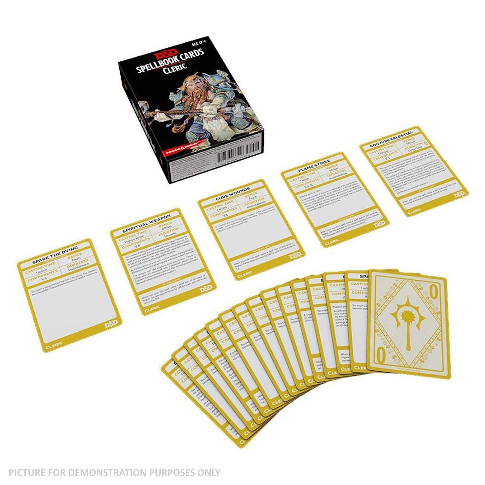 A Dungeons & Dragons Spellbook Cards - Cleric Deck box with a dwarf illustration sits next to many yellow spell cards fanned out