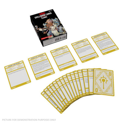A Dungeons & Dragons Spellbook Cards - Cleric Deck box with a dwarf illustration sits next to many yellow spell cards fanned out