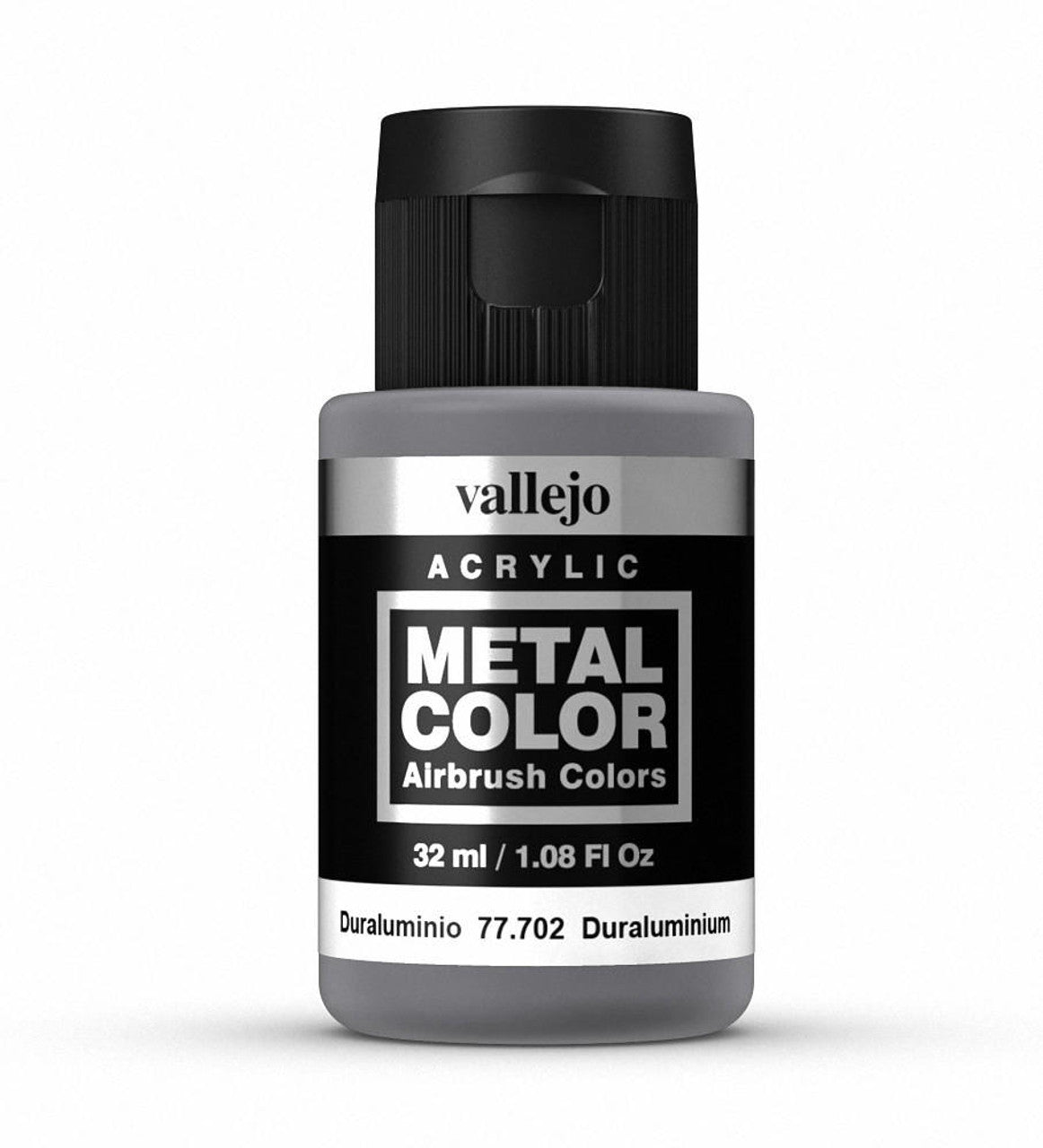 A grey bottle of Metal Colour Duraluminium acrylic airbrush paint with a black cap, 32ml volume