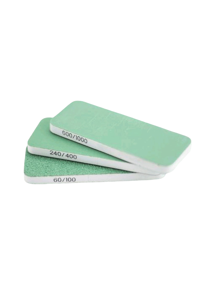 Three green Vallejo Hobby Tools Dual Grit FlexiSander blocks stacked, each displaying grit numbers like 60/100, 240/400, and 600/1000