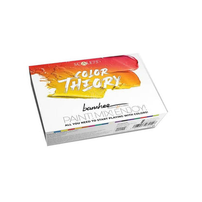 White packaging for the Scale 75 colour Theory Banshee Paint 18-Piece Set features red and orange paint strokes with yellow 'COLOR THEORY' text and 'banshee' on its lid
