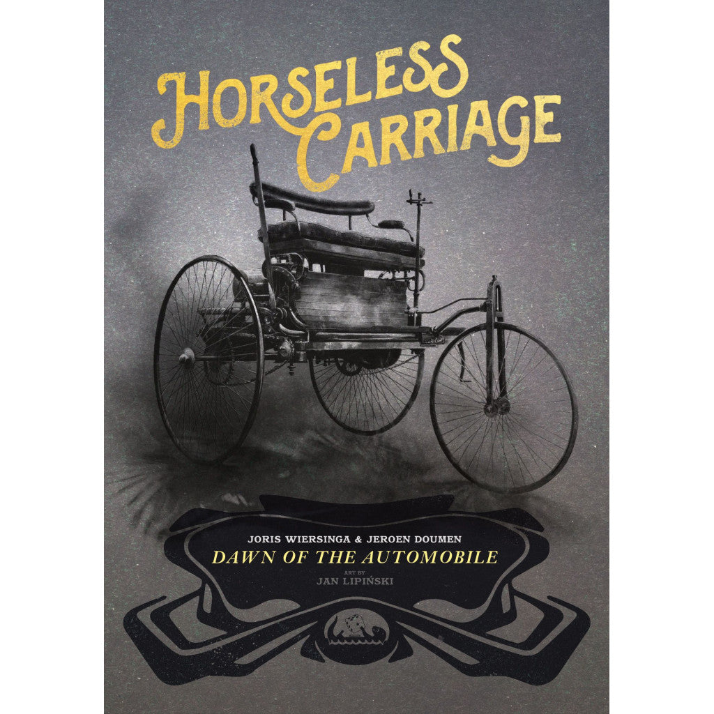 A vintage gray book cover titled Horseless Carriage in gold lettering depicts an early three-wheeled automobile against a textured dark background