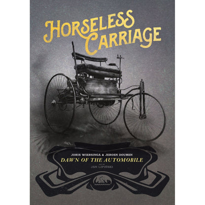 A vintage gray book cover titled Horseless Carriage in gold lettering depicts an early three-wheeled automobile against a textured dark background