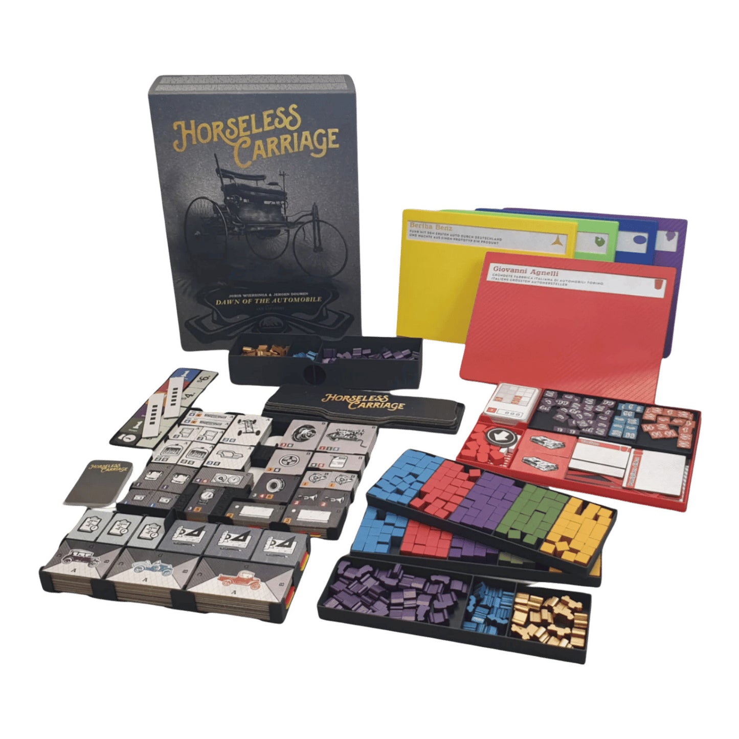 Horseless Carriage board game spread includes the black box art, layered grey tiles, colored player screens, and token trays filled with plastic pieces