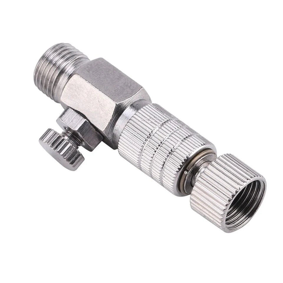 A metallic DragonAir 18th Quick Release (w Air Adjust) connector with threaded ends and a ribbed side knob for air flow control