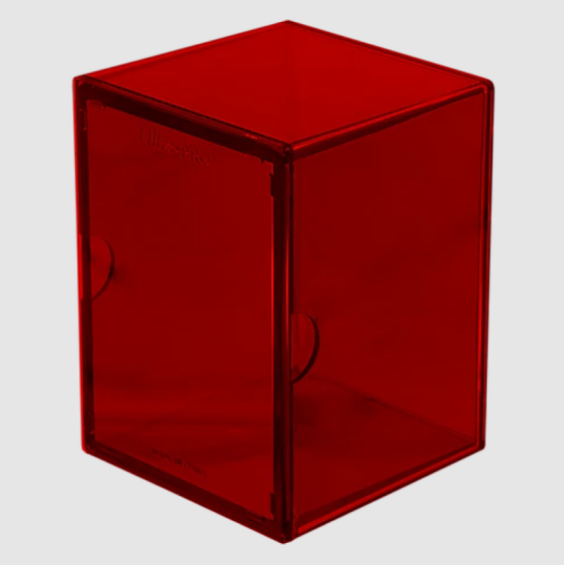 Red translucent Ultra Pro deck box with side finger notches, angled on a grey background